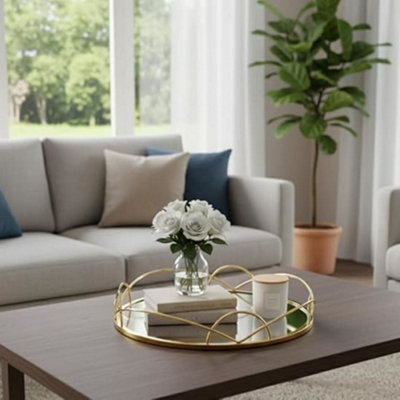 B&Q -  Round Glass Serving Tray Golden Circular Frame Mirrored Decorative Trinket Dish Jewellery Metallic Candle Holder 30 Cm Dia.
