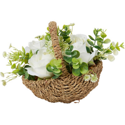 Deenz Artificial Roses Filled Floral Arrangement Traditional Natural Looking Woven Basket White-Green Plastic Foliage 15 Cm Dia . from B&Q