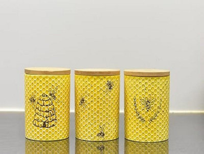 Deenz Yellow Set Of 3 Ceramic Love Bee Print Canister Airtight Seal Wood Lid Storage Container Honeycomb Texture Tea, Coffee, Sugar, Flour, Salt Kitchen Countertop Cabinet Decor Jar 16 X 12 Cm (Yellow) - Image 2