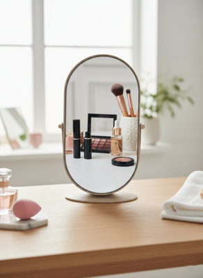 Deenz Beige Swivel Function Mirror 360 Degree Rotatable Vanity Stand Oval Shape Tabletop Makeup Decor Freestanding Gift from B&Q