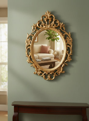 Deenz Gold Ornate Baroque Wall Hanging Mirror Oval Shaped Vintage Plastic Frame Elegant Addition Luxury Living Room Furniture Large Antique Home Decor Idea 69 X 48 X 3.5 Cm (Gold) - Image 2