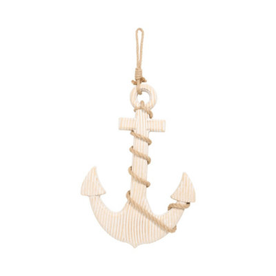B&Q -  Wooden Anchor Hanging Ornament With Jute Rope Weathered Finish Shelf Decor Beach-Themed Home Interiors Neutral Tone 61X32 Cm