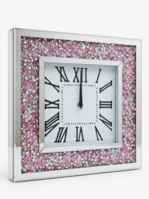 Deenz Pink Silver Crystal Crushed Jewel Diamond Clock Wall Mounted Square Mirrored Frame Roman Numerals Nearly Silent Battery 40Cm from B&Q