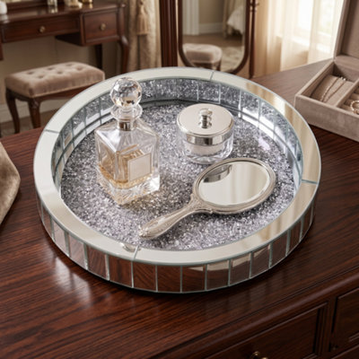 Deenz Circular Rotating Cosmetics Organiser Silver Glass Tray Full Mirrored Border Dressing Room Vanity Display Holder 30X5X2.5Cm from B&Q