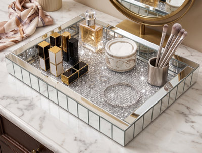 Deenz Silver Rectangular Full Mirrored Border Tray Crushed Crystal Jewel Loose Diamante Display Cosmetic Organiser Perfume 37X27Cm from B&Q