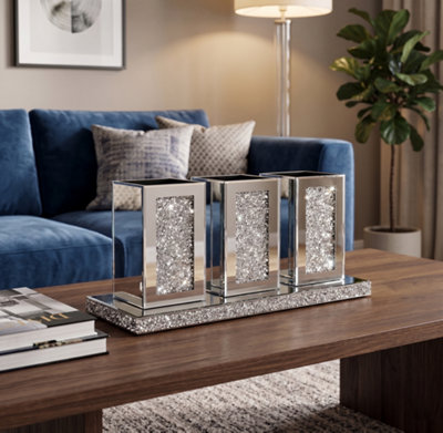 Deenz Pack Of 3 Silver Crushed Crystal Mirrored Jar & Diamante Tray Small Plant Pot Living Room Déco Cosmetic Brush Holder 32X13Cm from B&Q