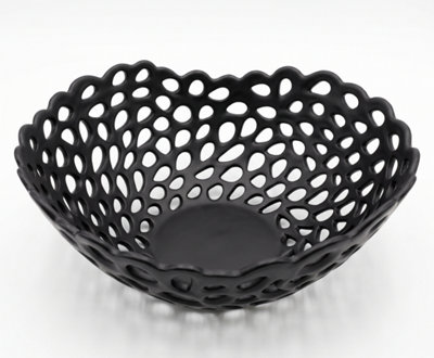 Deenz Round Fruit Bowl Net Design Black Kitchen Counter Dining Table Matt Ceramic Déco Storage Display Geometric Basket 28X26X13Cm from B&Q