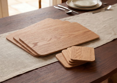 Deenz Pack Of 8 Placemat/coaster Wood Veneer Dining Table Kitchen Round Edge Natural Oak 29X21.5Cm from B&Q