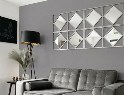 B&Q -  Set Of 3 Square Diamond Shape Frame Silver Wall Art Mirror Modern Stylish Antique Design Home Décoration 40X40Cm (3)