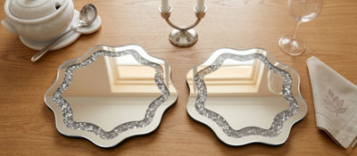 Deenz Set Of 2 Silver Glass Crushed Crystal Jewel Loose Diamond Wavy Shape Placemats Home Kitchen Dining Table Centrepiece 25X25Cm from B&Q