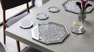 Deenz Set Of Silver Octagonal Shape Mirrored Border 4X Coaster & 2X Placemat Crushed Crystal Diamond Glass Kitchen Dining Tabletop from B&Q