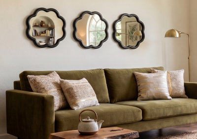 B&Q -  Pack Of 3 Black Wavy Shape Round Wall Hanging Mirror Plastic Framed Home Décoration Gift Idea Large Display 25Cm Diameters.