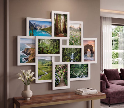 Deenz 10-Multi Opening Photo Frame Wall Hanging Family Collage 6X4'' White Aperture Picture Living Room Deco Large 55.3X49.5X2.5Cm