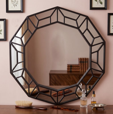 B&Q -  Black Decagonal Shape Wall Hanging Mirror Plastic Geometrical Framed Home Décoration Present Idea 61X57.8X2Cm