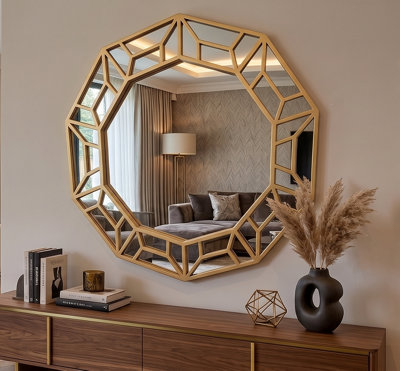 B&Q -  Decagonal Shape Gold Wall Hanging Mirror Plastic Geometrical Framed Home Décoration Present Idea 61X57.8X2Cm