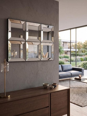 B&Q -  Pack Of 6 Contemporary Black Square Shape Wall Hanging Mirror Bevelled Edges Styte Plastic Framed Home Furniture Décor 25Cm