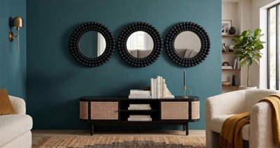 B&Q -  Pack Of 3 Black Round Beaded Frame Wall Mounted Mirror Small Size Plastic Home Art Décoration Gift Idea 25Cm Diameters.