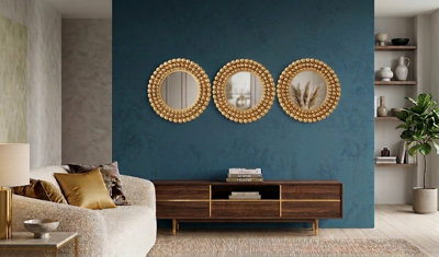 B&Q -  Pack Of 3 Gold Round Beaded Frame Wall Mounted Mirror Small Size Plastic Home Art Décoration Gift Idea 25Cm Diameters.