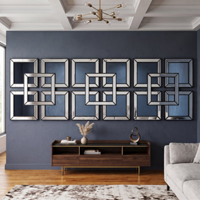 B&Q -  Pack Of 3 Black Square Art-Deco Style Mirrored Wall Art Living Room Hanging Furniture Décoration Elegant Plastic Frame 40Cm