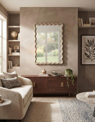 B&Q -  The Rectangle Wavy Design Fawn Beige Wall Mirror Plastic Framed Boho-Chic Home Furniture Décor Both Orientations 43X33X2.2Cm