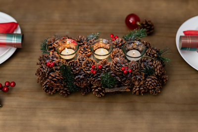  - Christmas Candle Holder Tea Light Glass Votive Pine Cone Home Decor Berries Xmas