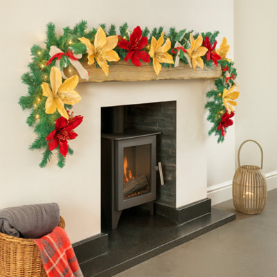 Marco Paul 9Ft Pre-Lit Garland With Red & Gold Poinsettia from B&Q
