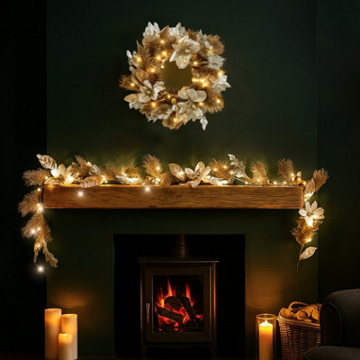 B&Q Gold Marco Paul Pre-Lit Garland & 40Cm Wreath Set 9Ft