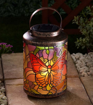 Marco Paul Cool White Solar Lantern Glass Tiffany Butterfly from B&Q