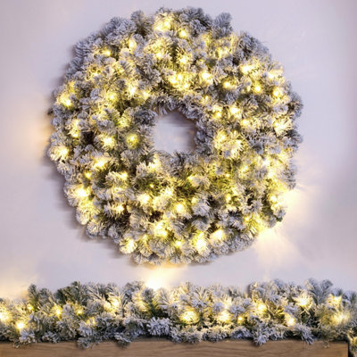 Christmas Tree World 90Cm Pre-Lit Flocked Extra Thick Arbor Vitae Wreath from B&Q