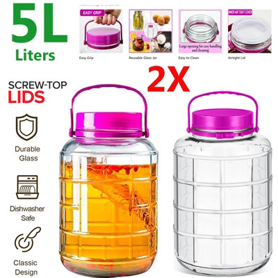 ATEK Pack Of 2 Large Glass Storage Jar 5 Litre (5000Ml) Airtight Lid Wide Mouth Container Jars Preserving Fruits Tea Rice Nut Pasta