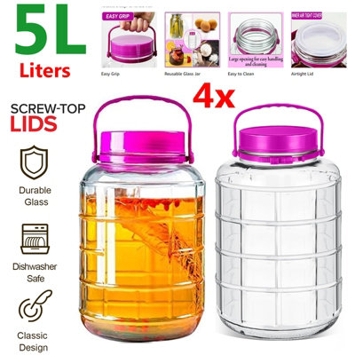ATEK Pack Of 4 Large Glass Storage Jar 5 Litre (5000Ml) Airtight Lid Wide Mouth Container Jars Preserving Fruits Tea Rice Nut Pasta