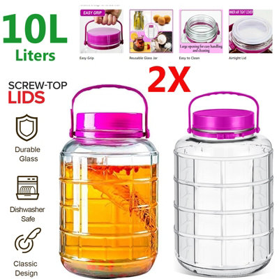ATEK Pack Of 2 Large Glass Storage Jar 10 Litre (10000Ml) Airtight Lid Wide Mouth Container Jars Preserving Fruits Tea Rice Nut Pasta