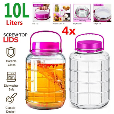 ATEK Pack Of 4 Large Glass Storage Jar 10 Litre (10000Ml) Airtight Lid Wide Mouth Container Jars Preserving Fruits Tea Rice Nut Pasta