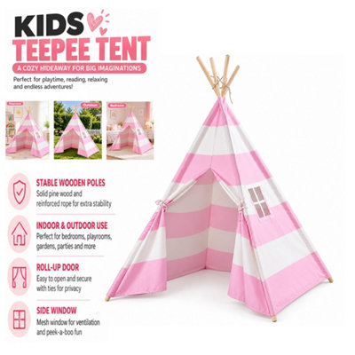 B&Q -  Large Pink And White Canvas Kids Teepee Tent For Indoor And Outdoor Play Portable Childrens Playhouses For Bedrooms And Gardens