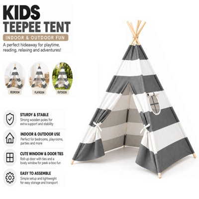 B&Q -  Large Grey And White Canvas Kids Teepee Tent For Indoor And Outdoor Play Portable Childrens Playhouses For Bedrooms And Gardens