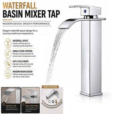 Atek Red/Blue Waterfall Basin Mixer Tap Brass Tall Countertop Vessel Sink Chrome - Image 4