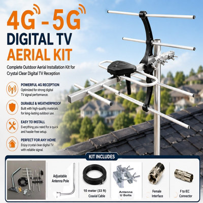 B&Q -  4G/5G Digital Outdoor Tv Aerial Antenna Smart Freeview Hd Aerials Long Range Roof & Loft Installation Kit 10M Rg6 Cable & Fixing