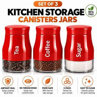 Rackhams Red 3 Piece Tea Coffee Sugar Canister Set Kitchen Storage Jars - Image 5