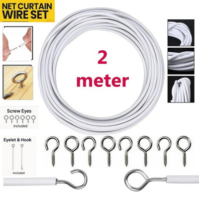 ATEK 2 Meter White Net Curtain Wire Hanging Kit With 6 Hooks And 6 Eyes Flexible Durable Tension Cable For Voiles And Wardrobe Doors from B&Q