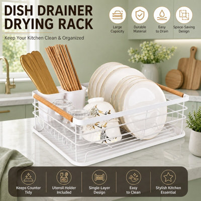 B&Q -  White Dish Rack Drainer With Drip TraySingle-Tier Kitchen Drying Rack For PlatesBowls And CutleryCountertop Organiser