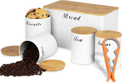 ATEK 6Pcs Kitchen Storage Tins White Canister Jars Airtight Bamboo Lid Pack Of 6 Tea Coffee Sugar Bread Biscuit Jar Panty Storage Set from B&Q
