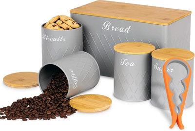 ATEK 6Pcs Kitchen Storage Tins Grey Canister Jars Airtight Bamboo Lid Pack Of 6 Tea Coffee Sugar Bread Biscuit Jar Panty Storage Set from B&Q