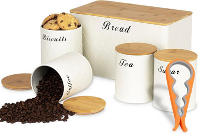 ATEK 6Pcs Kitchen Storage Tins Cream Canister Jars Airtight Bamboo Lid Pack Of 6 Tea Coffee Sugar Bread Biscuit Jar Panty Storage Set from B&Q
