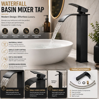 B&Q -  Black Waterfall Tall Basin Mixer TapSingle Lever Square Mono Bathroom Sink Tap For Hot & Cold Water