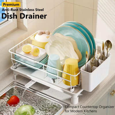 ATEK 1 Tier Kitchen Dish Drainer Rack Stainless Steel White Space Saving Racks For Kitchen Sink Counter Utensils Drying Cutlery Holder from B&Q