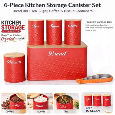 ATEK 6Pcs Kitchen Storage Tins Red Canister Jars Airtight Bamboo Lid Pack Of 6 Tea Coffee Sugar Bread Biscuit Jar Panty Storage Bin Set from B&Q