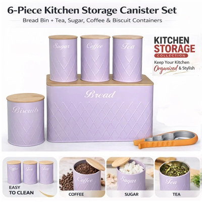 ATEK 6Pcs Kitchen Storage Tins Purple Canister Jars Airtight Bamboo Lid Pack Of 6 Tea Coffee Sugar Bread Biscuit Jar Panty Storage Set from B&Q