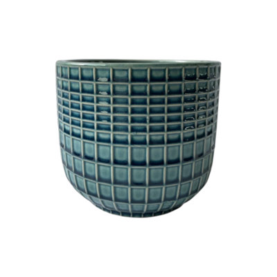Ceramic Waffle Grid Texture Plant Pot Blue/green (Diameter 19.5Cm) from B&Q