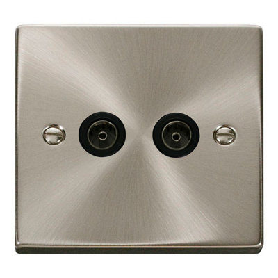 Satin / Brushed Chrome 2 Gang Twin Coaxial Tv SocketBlack TrimSe Home