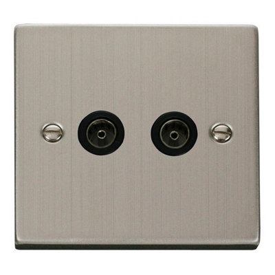 Stainless Steel 2 Gang Twin Coaxial Tv SocketBlack TrimSe Home